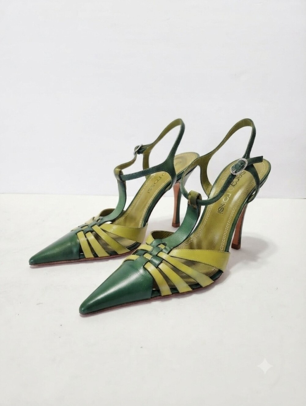 Y2K Sergio Zelcer Green and Yellow Leather T-Strap Pointed Heels Size 7